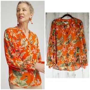 Chicos Orchid Pleated Sleeve Blouse Size 1 or US 8 Orange Floral Button Up Sheer